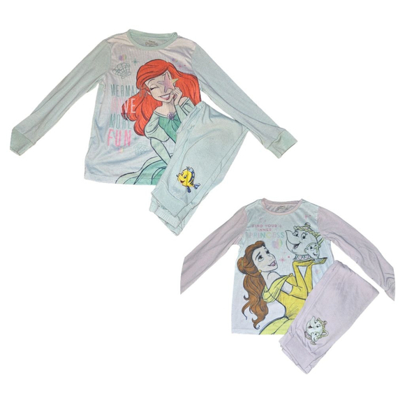Girls Disney Princess 7 Pajamas Pink Belle Blue Ariel Bundle - Picture 1 of 9